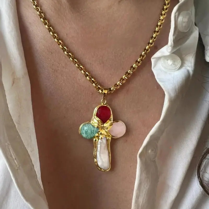 Stainless Steel Colorful Stone Cross Pendant Necklace for Men Women Punk Hiphop Drop Oil Gold Color Necklace Jewelry Accessories