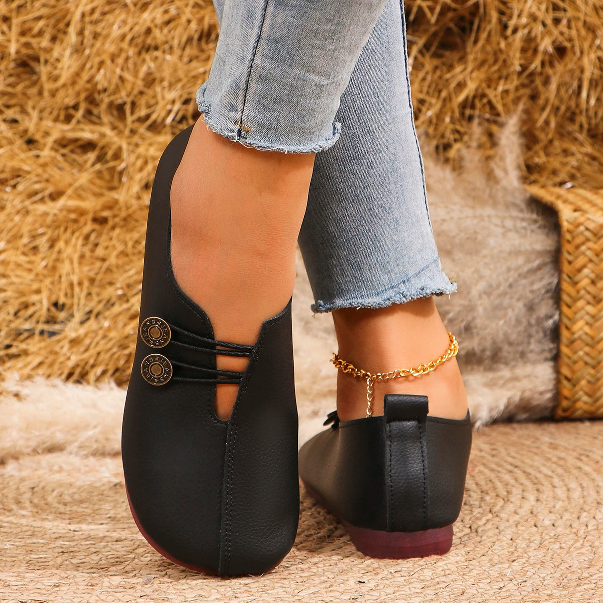 Women's Slip-On Soft Leather Loafers, Elastic Strap with Metal Buttons, Casual Flat Shoes for All Seasons