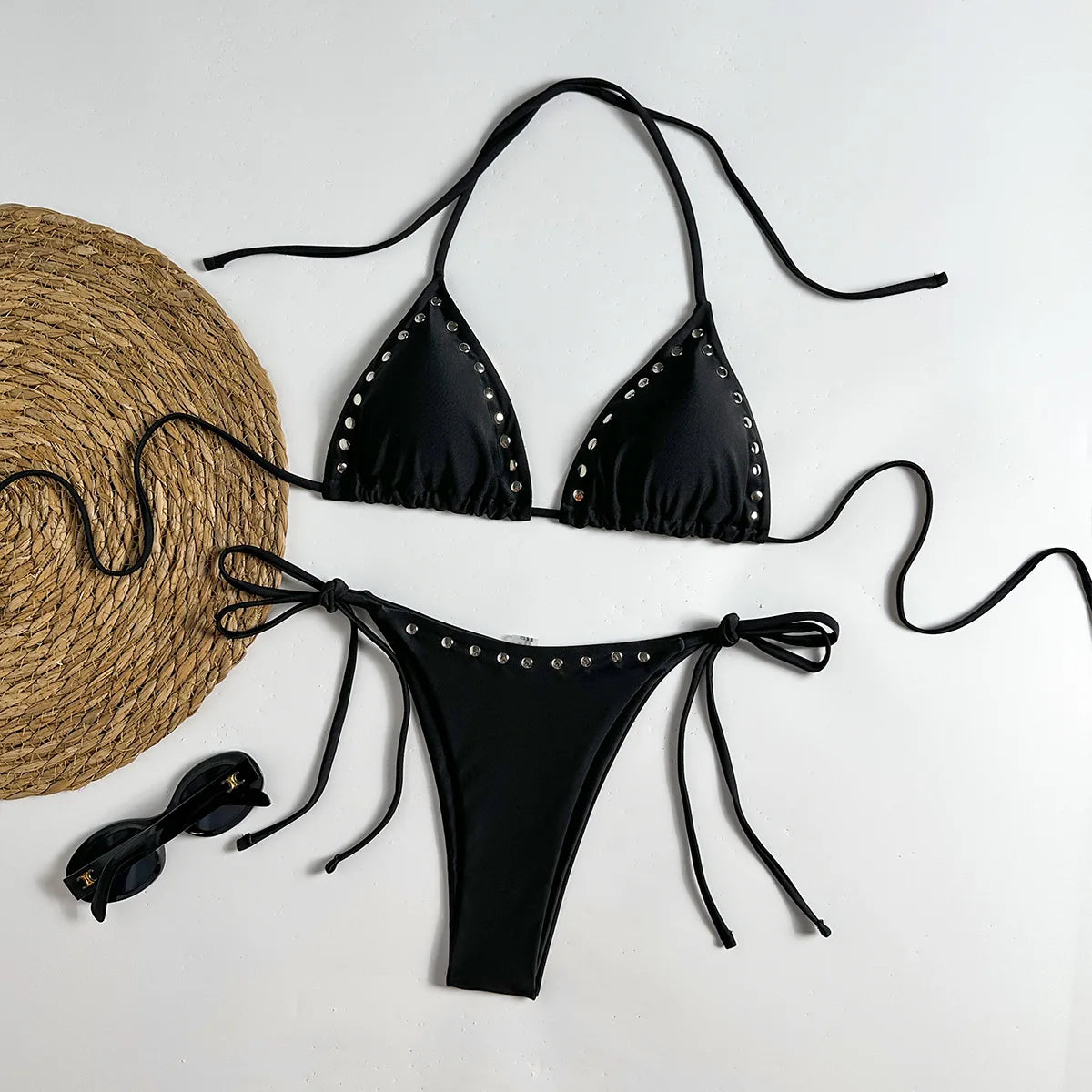 Sexy Black Rivet Holes Micro Bikini Thong Set Swimsuit Women 2026 String Halter Triangle Swimwear Bathing Suit Bikinis De Mujer
