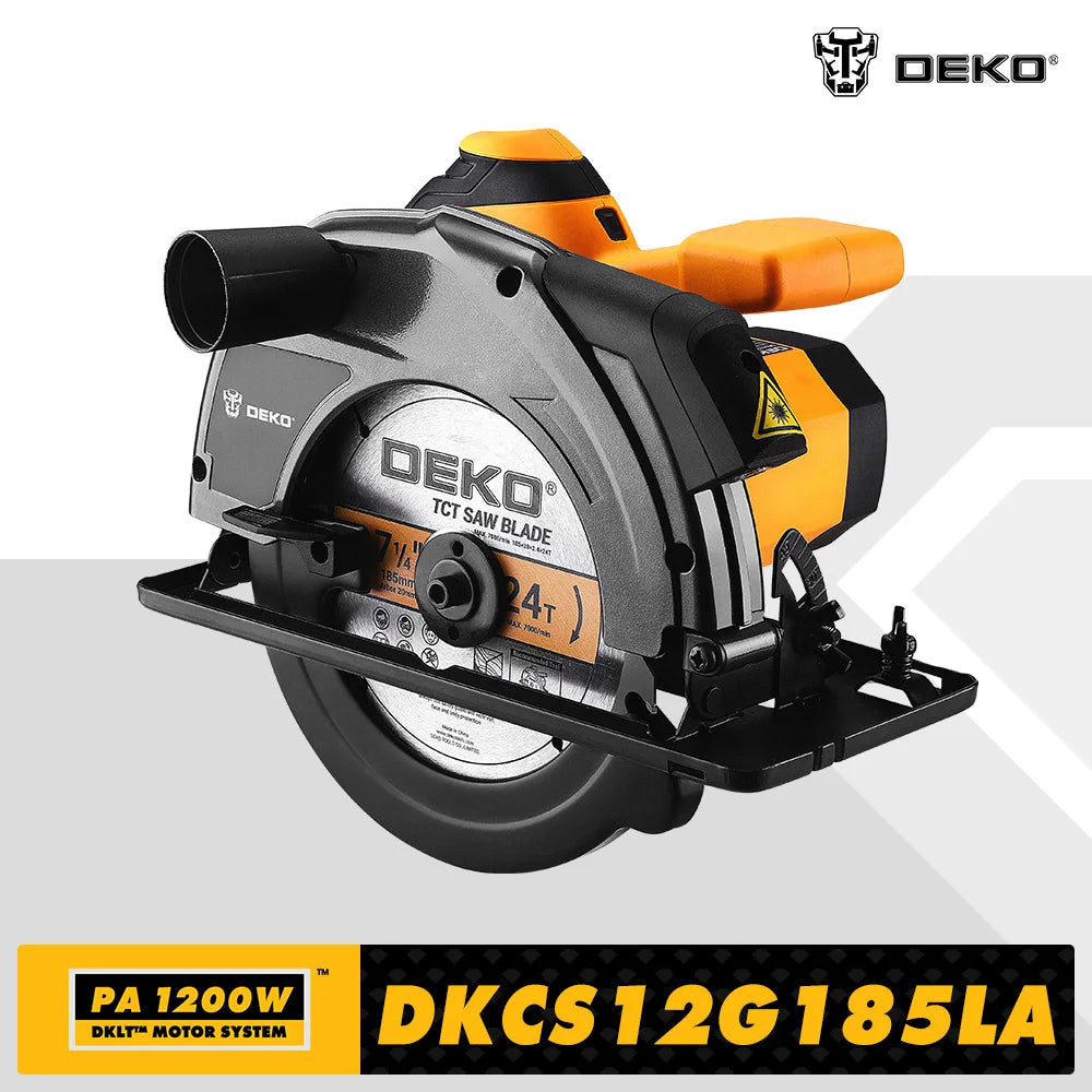 Scie circulaire électrique DEKO série DKCS 185 mm, machine de découpe multifonctionnelle avec poignée auxiliaire, outil électrique domestique 1200 W