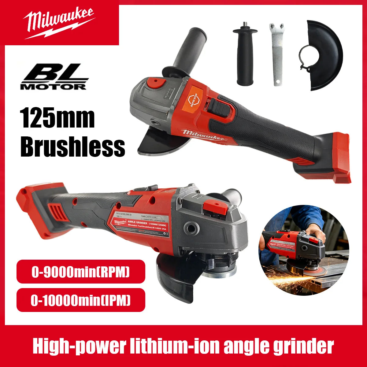 Milwaukee Angle Grinder 125mm Brushless Polishing Cutting Machine No-Lock Paddle Switch Electric Cordless Power Tools