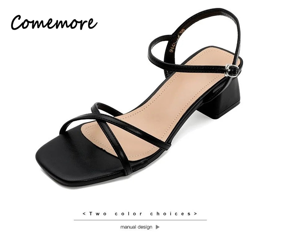Comemore Comfortable 2023 Summer Block Heel Women's Sandals Girl Shoes Black Outer Wear Fashion Elegant Medium Heels Footwear 40