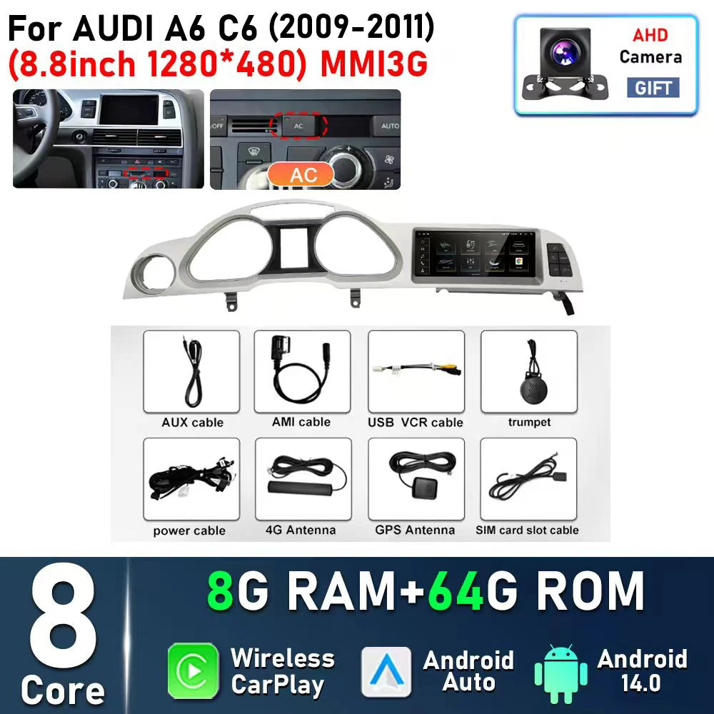 8.8inch Android 14 For Audi A6 C6 2005 - 2008 MMI 2G 2009 - 2011 MMI3G Car Radio Multimedia Player Navigation GPS Stereo CarPlay