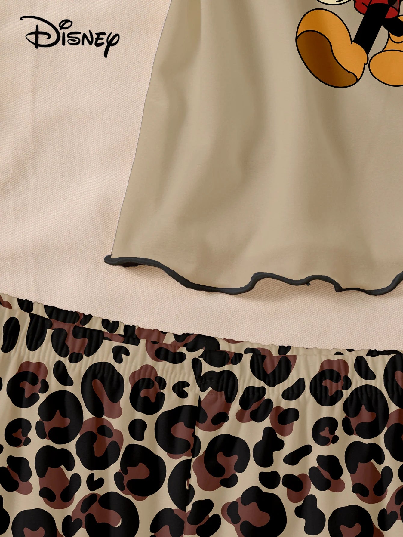 Ensemble 2 pièces femme Disney, débardeur caraco et short imprimé léopard motif dessin animé Mickey et Minnie, pyjama vêtement de nuit