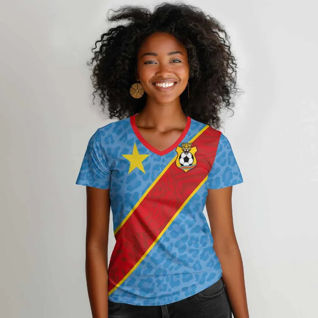 Sweat-shirt bleu pour femme de la République démocratique du Congo, T-shirt à col en V, Imprimé, Haut de T-shirt pour femme de style rétro minimaliste
