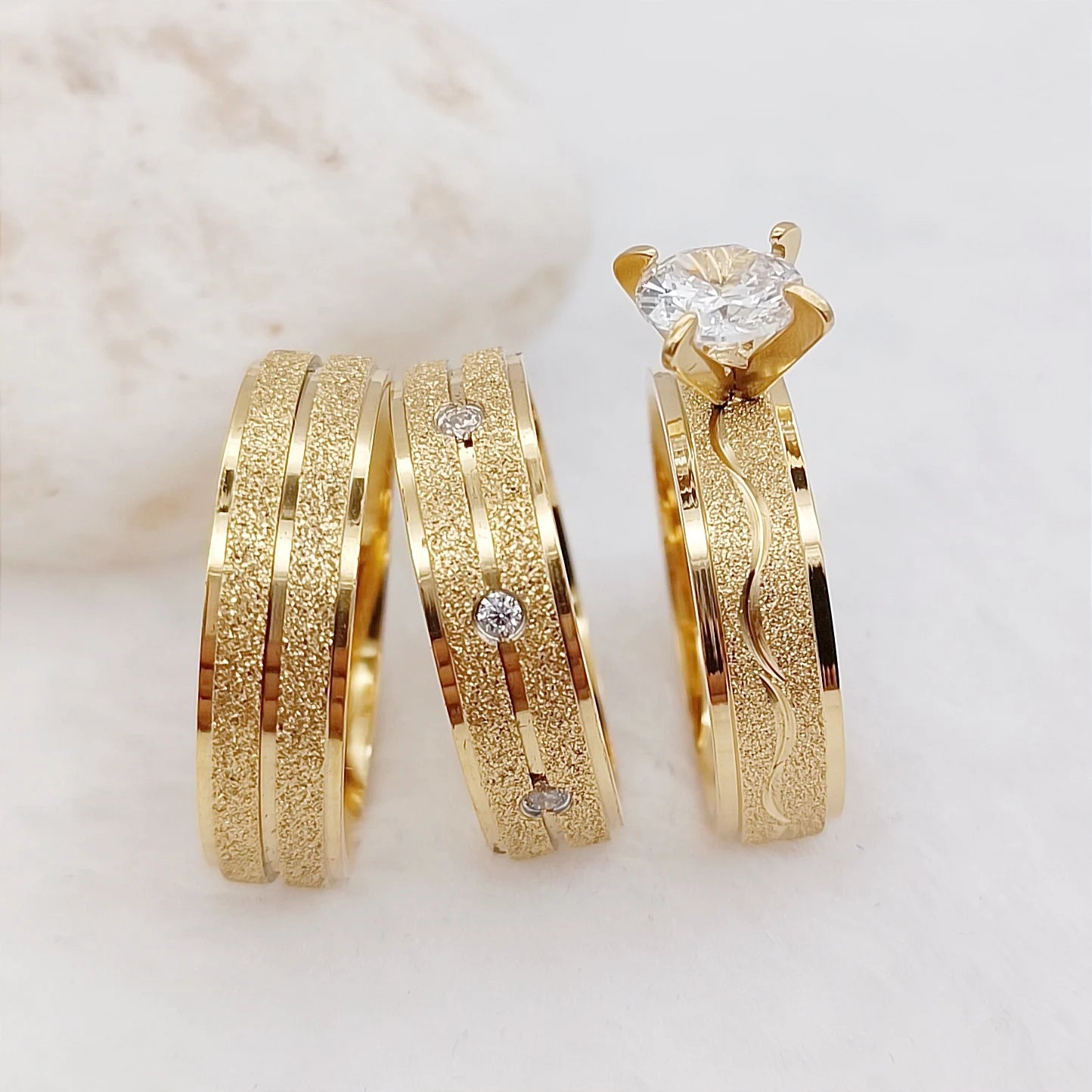 3pcs Matte Titanium Jewelry Italian Women 24k Gold Plated Ring Cz Diamond Ring Marriage Wedding Proposals Bridal Sets Couples