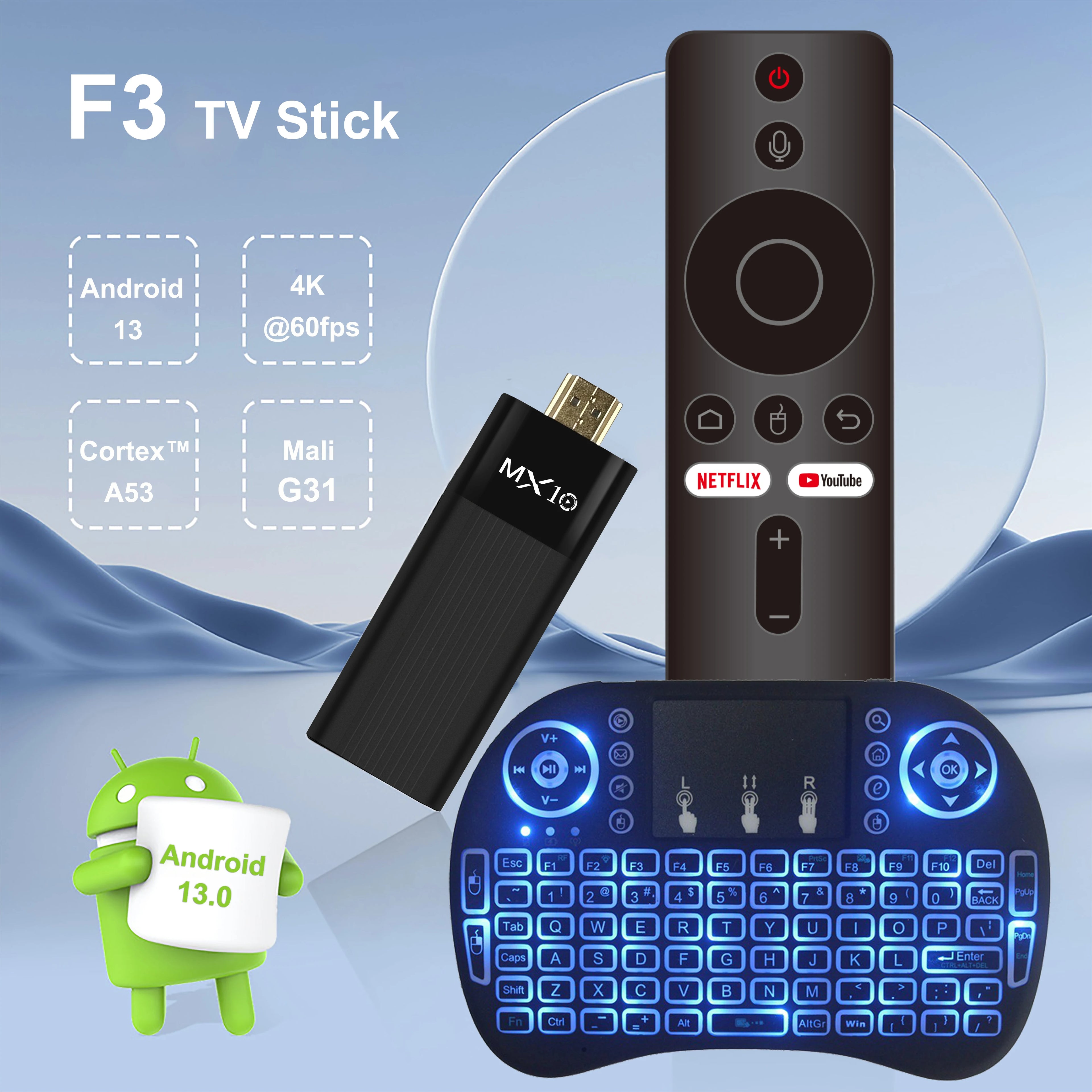 Clé TV Android Ultra HD 4K MX10-F3 Stick Mini Clé TV H313 Quad Core Supporte le double Wifi 2.4/5G 2Go RAM 16Go ROM