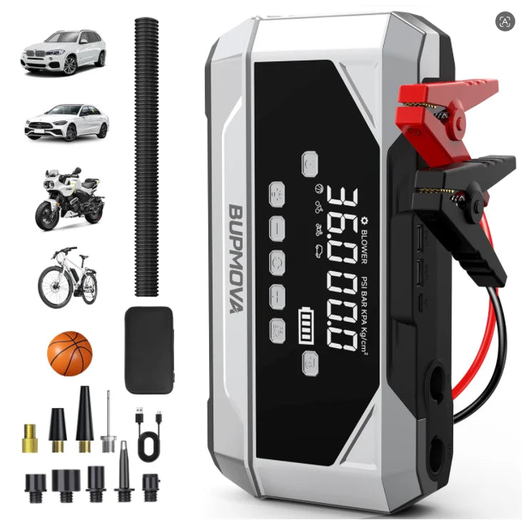 1500A car starter with air compressor, tire inflator without thread, battery booster with external battery pack and LED flashlights, 12V Automatic Start box for tous 10.0L petrol or diesel vehicles
