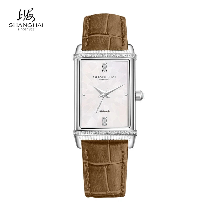 Shanghai Watches Vintage Women's Mechanical Watch 25x41 mm Rectangle Automatic Watch 3D Dial Sapphire Leather Fashion Watch 22MT
