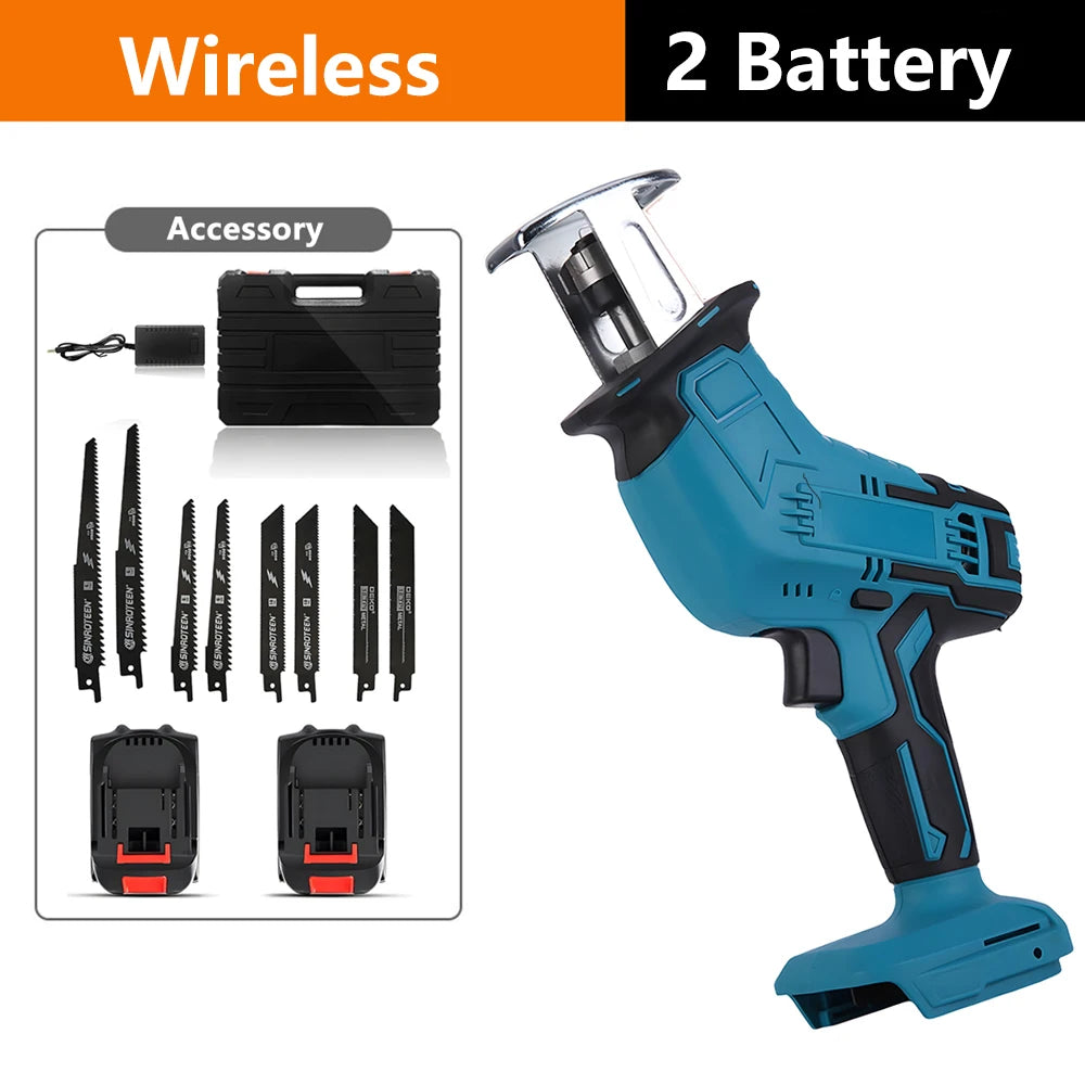 Podofo Electric Reciprocating Saw 21V Cordless Horse Knife Wood Metal Cutting Saw Portable Handheld Saw Power Tool add 2 Battery