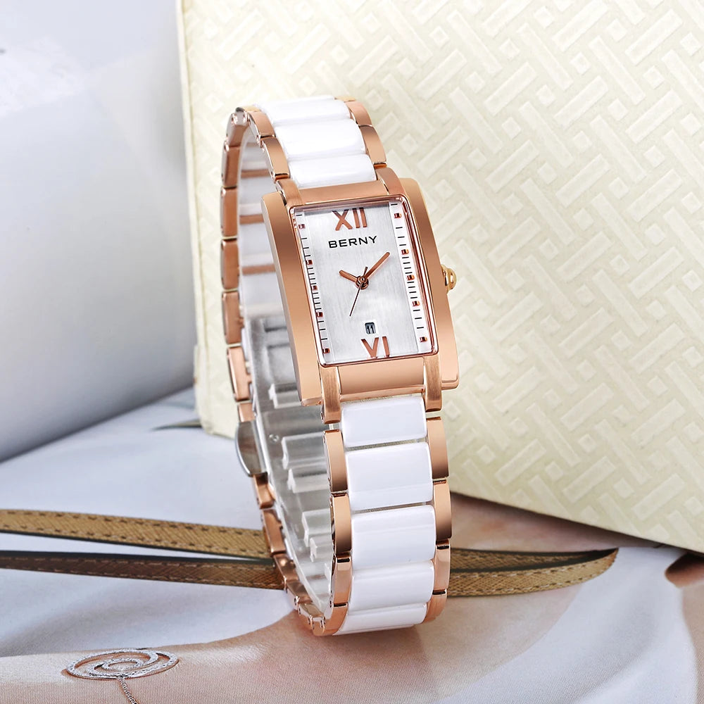 BERNY Women's Watches Calendar Date Elegant Classic Rectangle Ceramics Quartz Ladies Watch Luxury Fashion Women Wristwatch