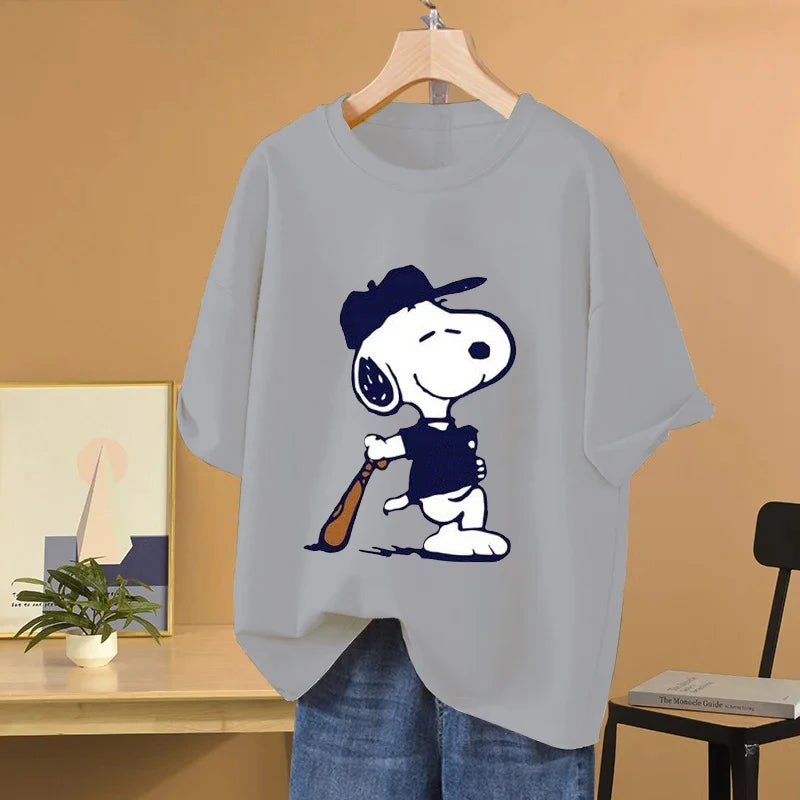 Snoopy Baseball Cartoon Anime Women T-shirt Summer Short Sleeve 100% Cotton Men Tee Shirts Tops 2025 New Fashion Couple Clothes