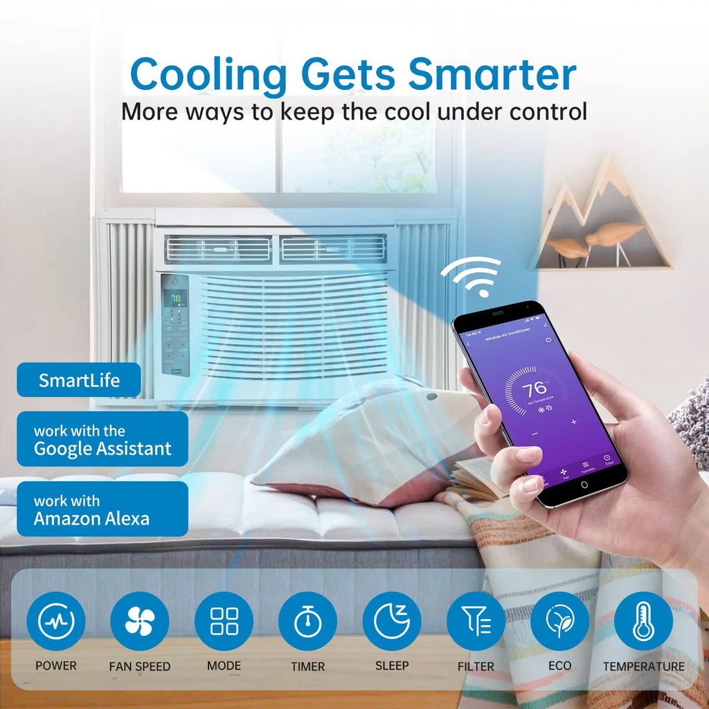 Climatiseur de fenêtre 6000 BTU, unité de climatisation intelligente Wi-Fi avec télécommande et affichage numérique, refroidissement silencieux pour petites pièces jusqu'à 23 m², modes déshumidificateur et ventilateur, installation facile, blanc