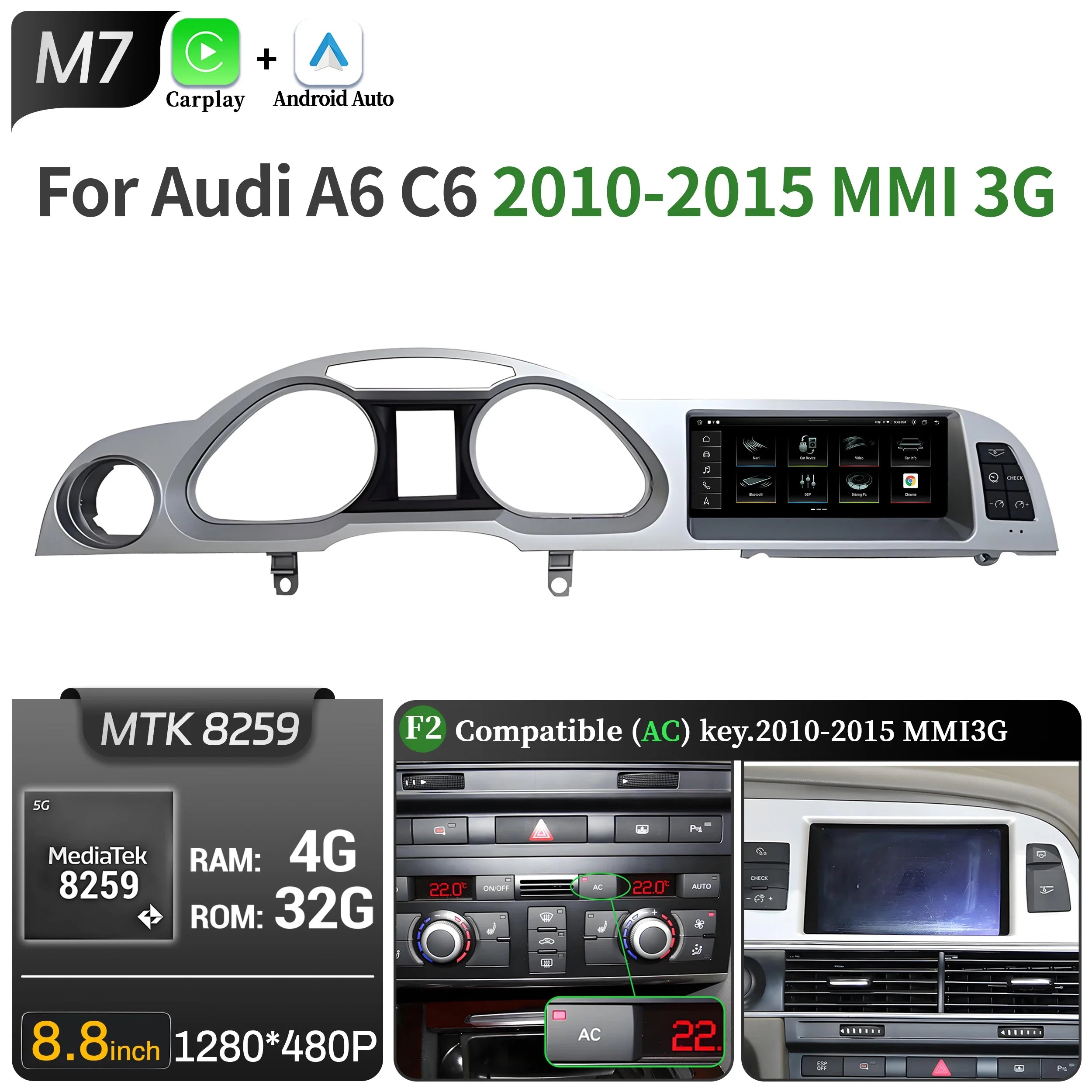 8.8 inch Left Hand Drive Android 14 For Audi A6 C6 2005-2011 Car Radio Wireless BT Carplay Qualcomm Snapdragon 680 Touch Screen