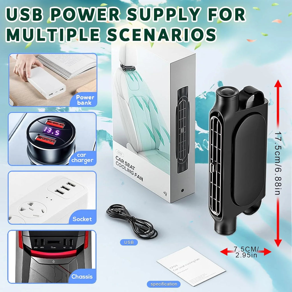 Car Seat Cooling Fan, 5V USB Powered Headrest Fan with 3 Adjustable Speeds, Portable Backseat Air Vent Cooler for Front and Rear Seats, Clip-On Auto Cooling Fan for Cars, SUVs, Trucks, Summer Travel and Interior Accessories