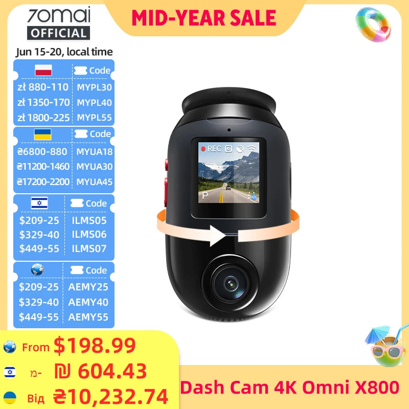70mai 4K Omni X800 2160P HDR 60fps F1.7 Supported Dual-channel Built-in GPS ADAS Supercapacitor 4G LTE 24H Parking Surveillance