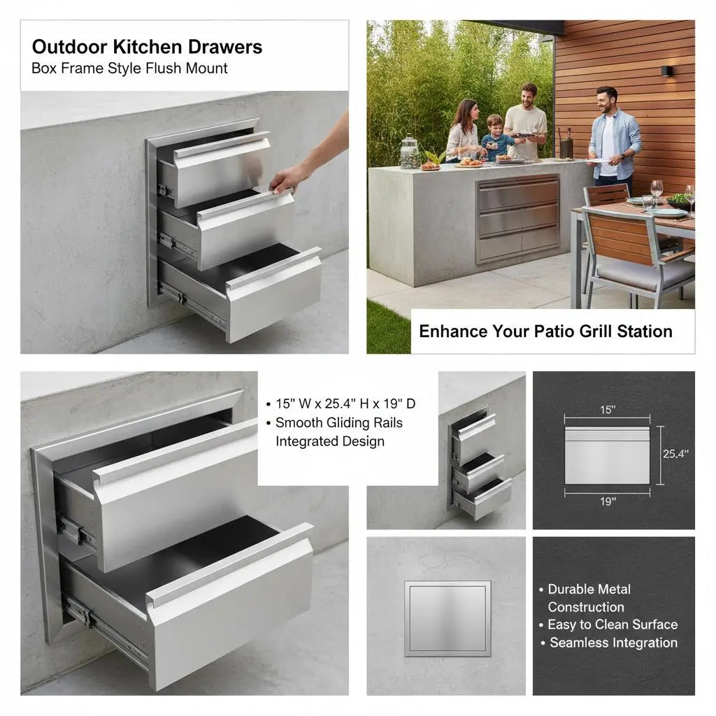 Outdoor Kitchen Stainless Steel Drawer with 3 Stainless Steel Storage Drawers 38X48X65 cm Chest of Drawers for Cooking