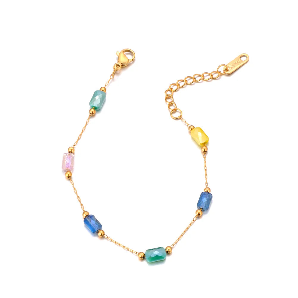 JeeMango Fashion Colorful Cubic Zirconia Stone Charm Bracelet Waterproof Stainless Steel Women's Hand Bracelets Jewelry JB24056
