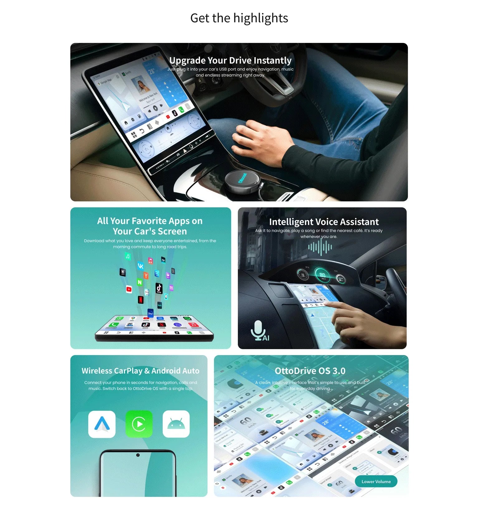 OTTOCAST P3 Pro Ai Box Wireless Carplay Android Auto Aadapter Ai Voice QCM 6225 Video Box for Benz Audi Kia Hyundai VW Toyota