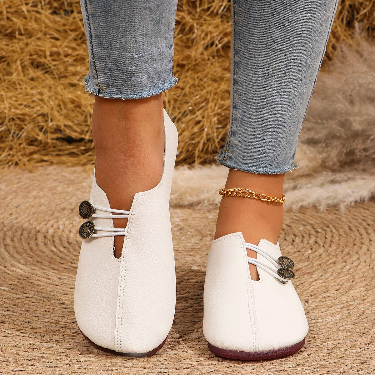 Women's Slip-On Soft Leather Loafers, Elastic Strap with Metal Buttons, Casual Flat Shoes for All Seasons