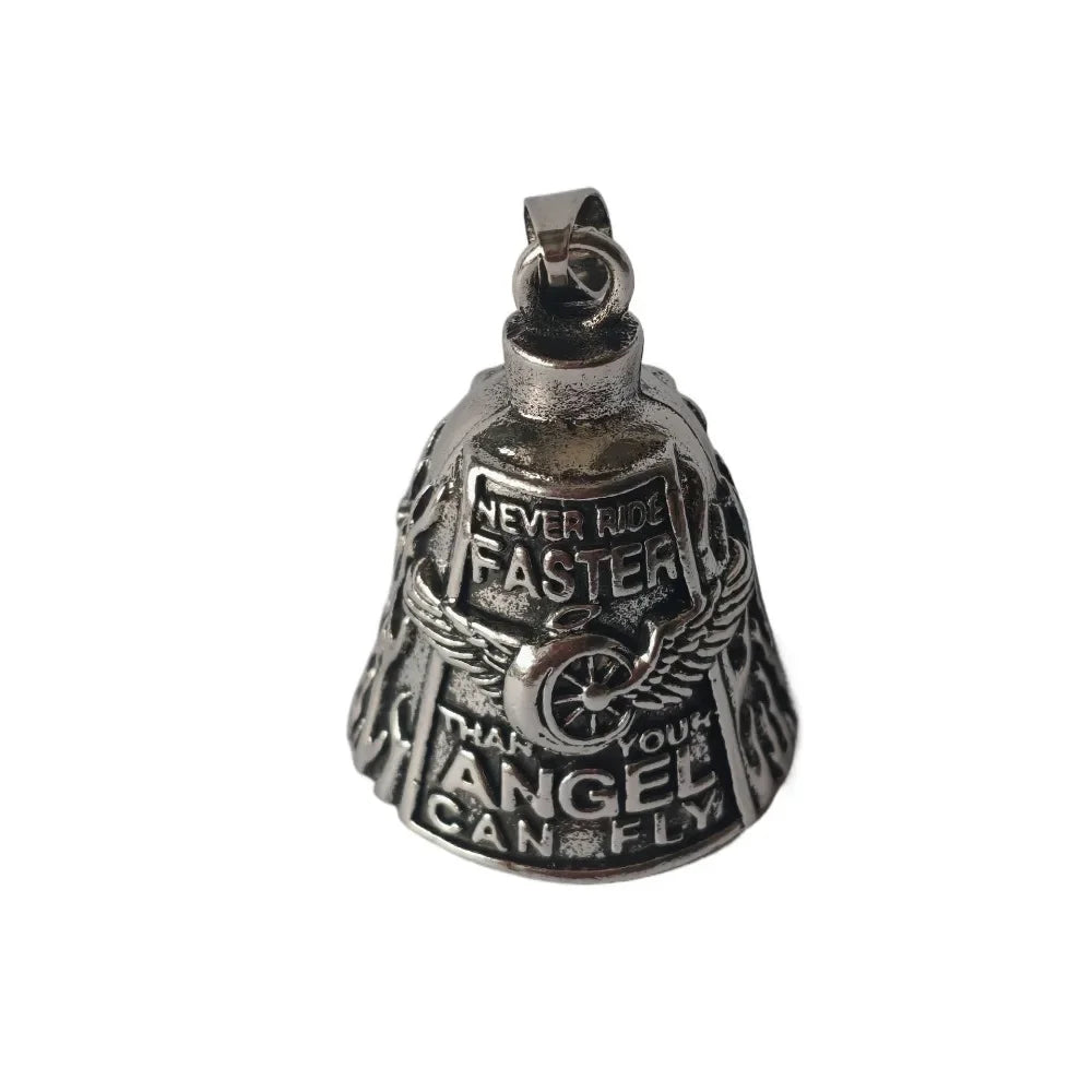 Vintage 3D Design Motorcycle Guardian Bell Retro Punk Style Angel Pendant Bell Alloy Wing Design Evil Spirit Trap Bell Men