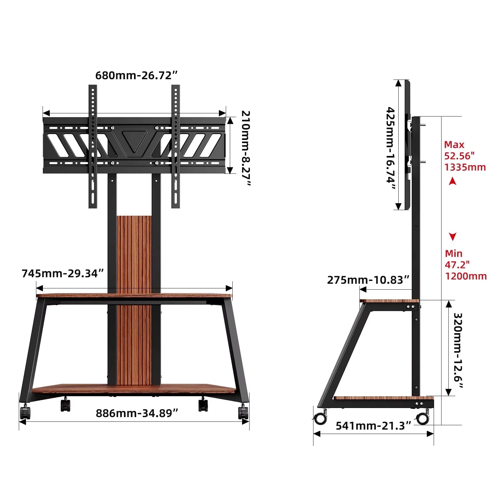 Heavy Duty Mobile TV Stand TV Cart 40-80 Inch, Portable TV Floor Stand with Wooden Shelves, Height Adjustable Holds up to 220lbs