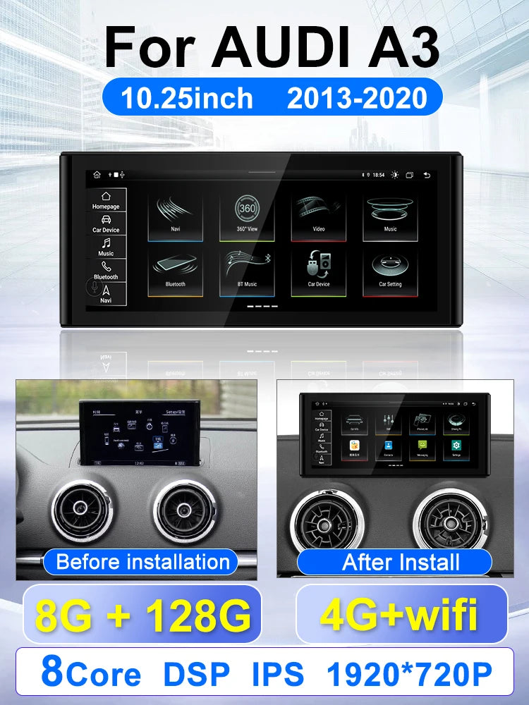 For Audi A3 2013 2014 2015 2016 2017-2020 10.25-inch car radio multimedia player Android 14 Wireless Carplay stereo DSP 4G WiFi