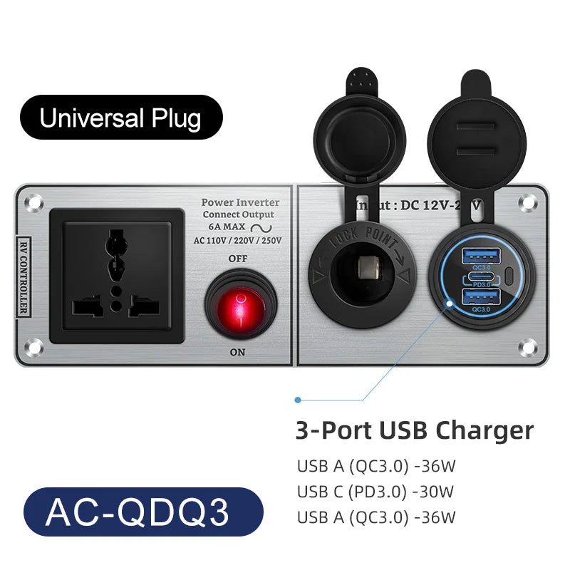 Chargeur de voiture multifonctionnel onduleur à panneau en aluminium AC110V 220V double port USB QC3.0 12V 24V pour VR, yacht, remorques de voyage