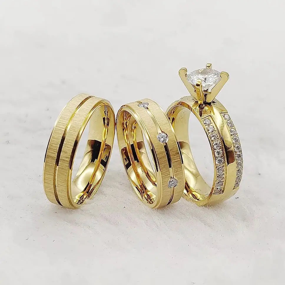 3pcs Matte Titanium Jewelry Italian Women 24k Gold Plated Ring Cz Diamond Ring Marriage Wedding Proposals Bridal Sets Couples