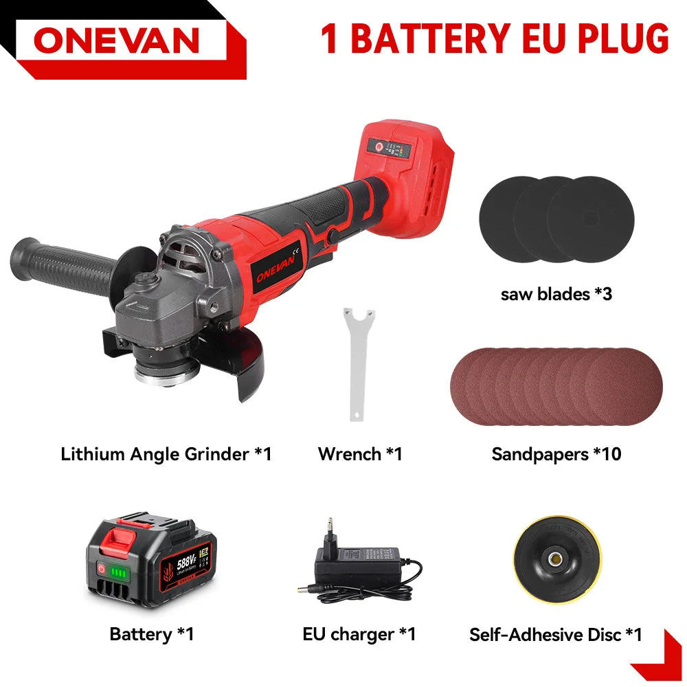 ONEVAN 3000W Brushless Electric Angle Grinder 3 Gear Cordless Cutting Metal Pipe Power Polish Tools For Makita 18V Battery Pin
