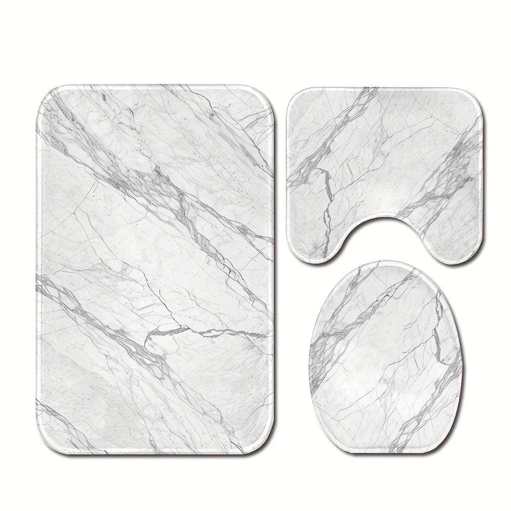 3PCS Marble Bath Mat Set  Non-Slip Machine Washable Includes Floor Mat & Toilet Cover Christmas Decor Polyester Bathroom Upgrade