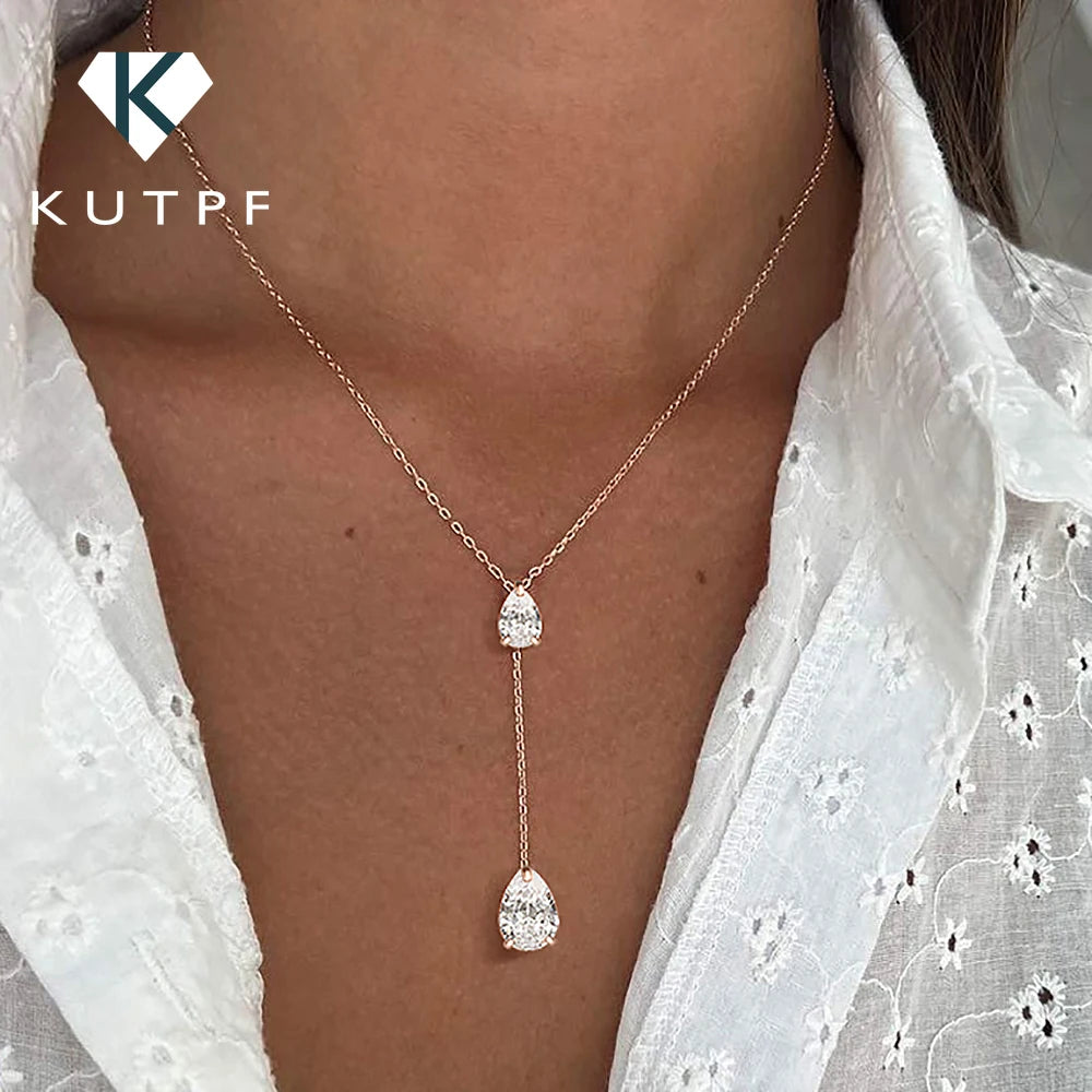 2-Stone Waterdrop Moissanite Pendant Necklace for Women 925 Silver 1.5cttw Y-Style Long Tassel Pear Cut Lab Diamond Neckchain
