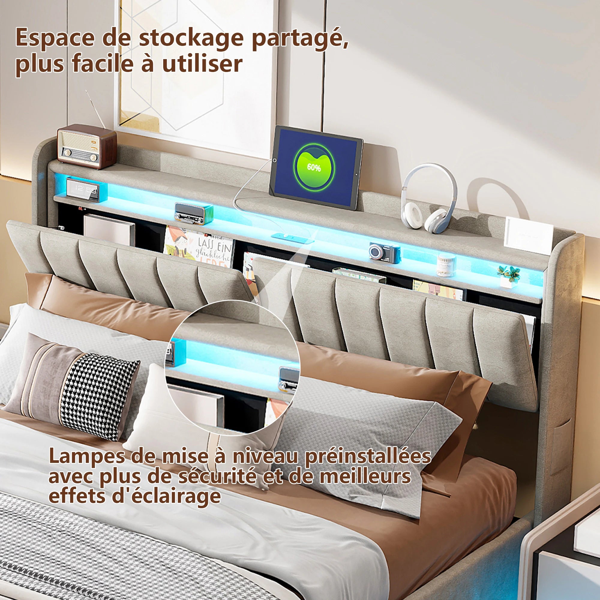 Anajqaqia 140×200 cm LED Upholstered Bed, Hydraulic Double Bed with Storage Headboard and Slatted Frame, USB charging, Velvet
