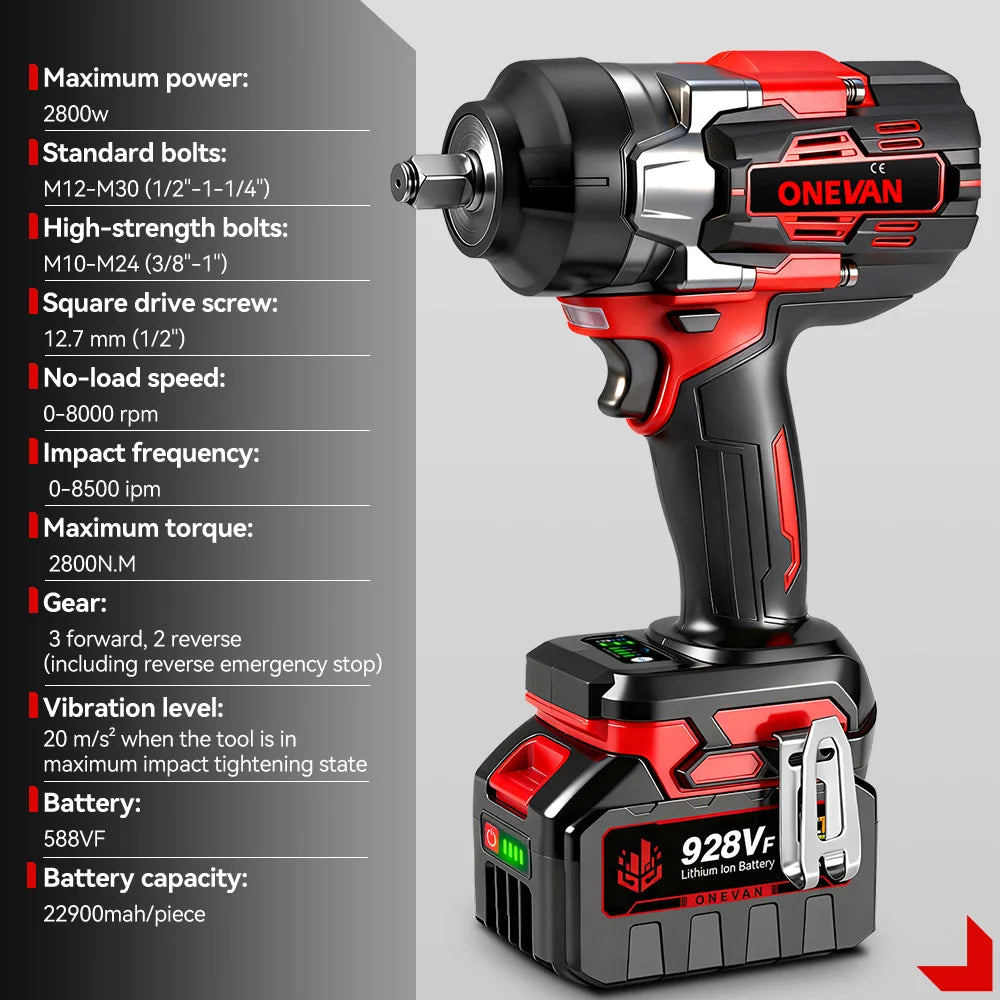 ONEVAN 2800N.M Brushless Electric Impact Wrench Cordless High Torque Screwdriver Drill Power Tool For Makita 18V Battery Pin