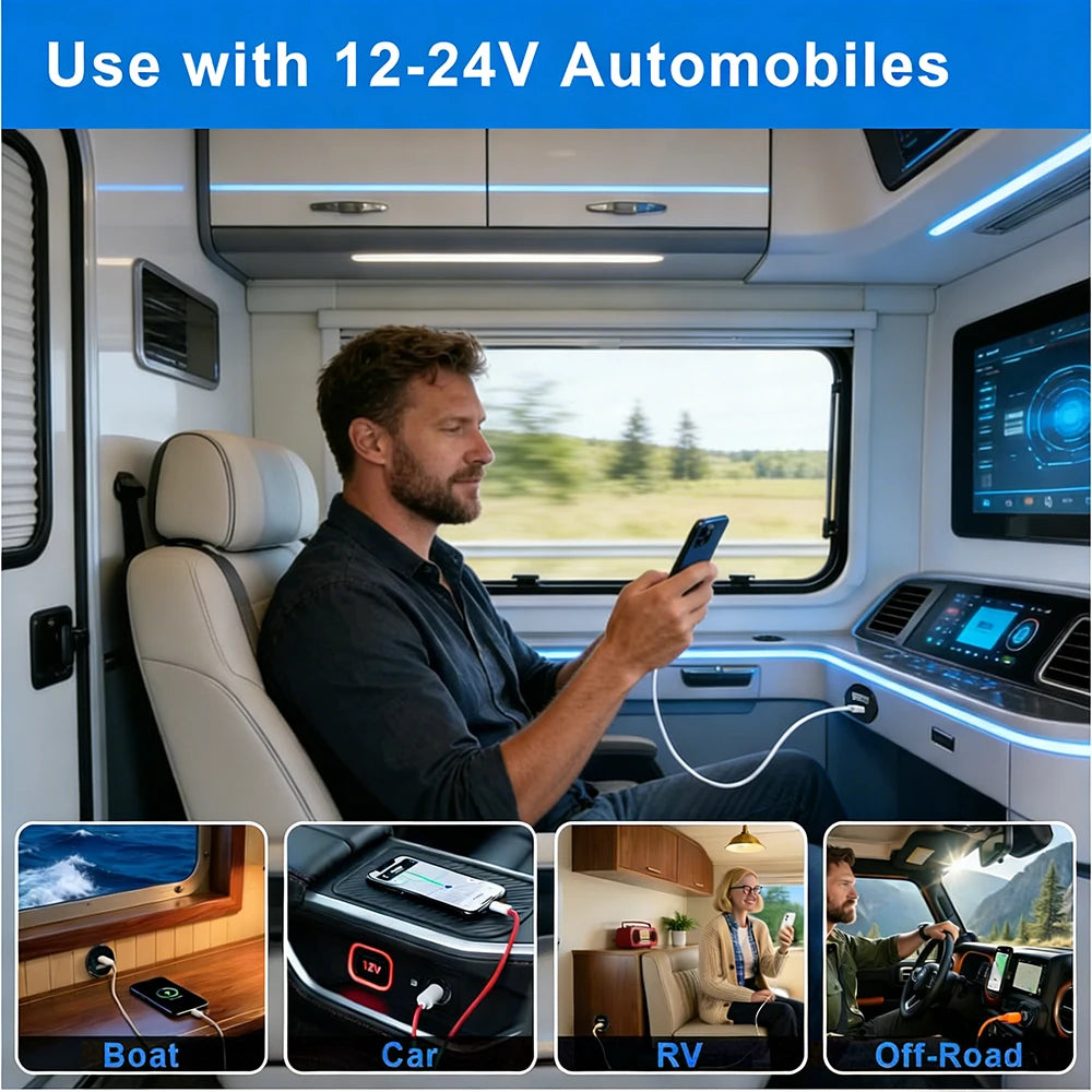 12V USB Outlet PD 3.1A Type-C & USB-C Charger Socket Dual Ports Recessed Mount Car Charger Replacement for RV Camper Trailer