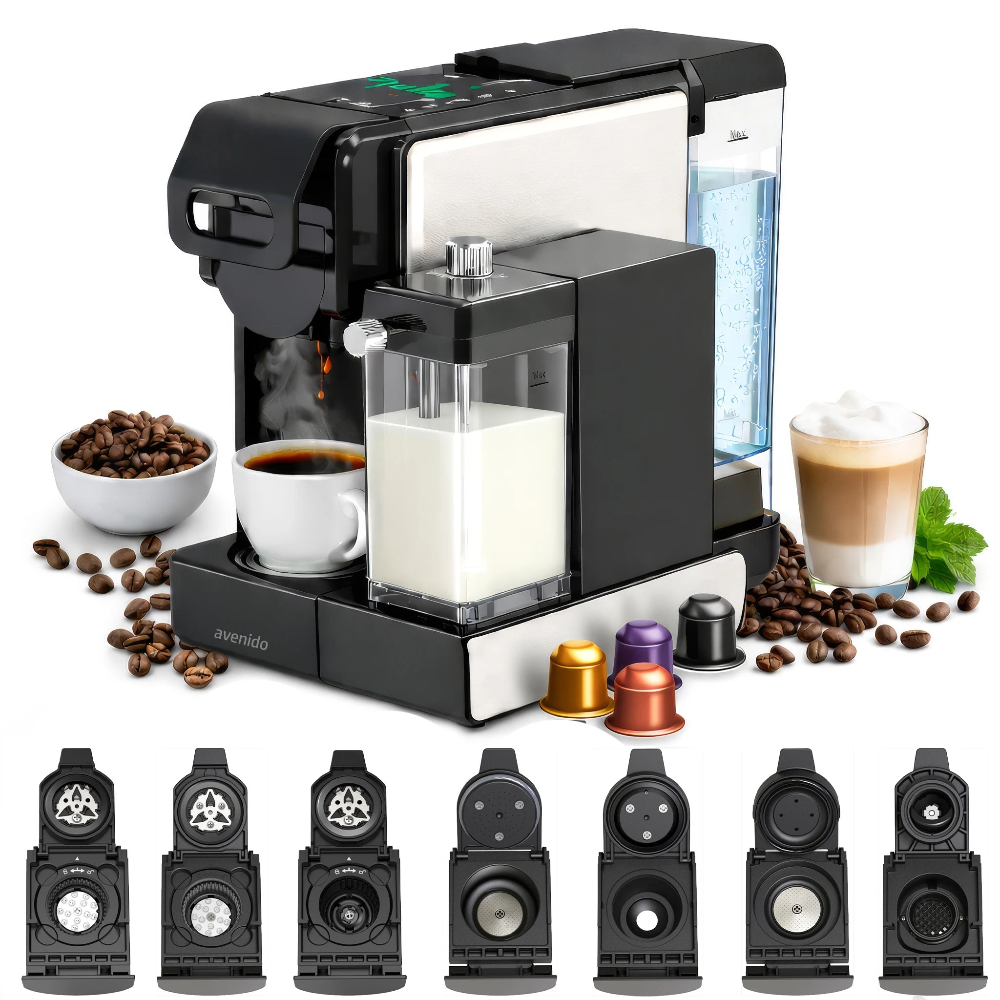 Capsule machine multi 9w1 Avenido AV 4388 19 bar with milk container, 7 adapters, 1L tank