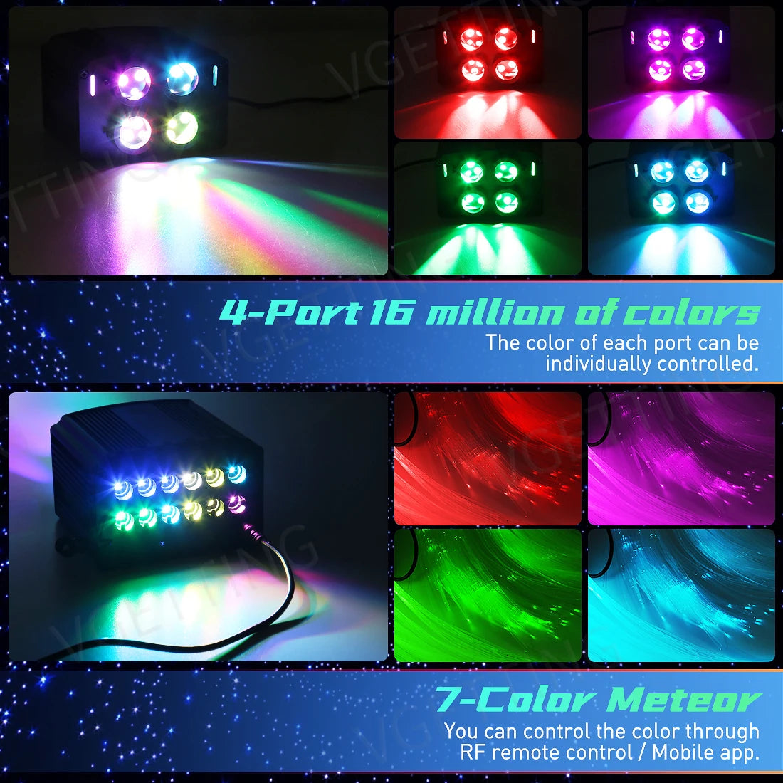 4 Port Twinkle RGBW Meteor Ceiling Car Roof Shooting Star Light LED Fiber Optic Light Starry Sky Lamp APP Music Remote Control