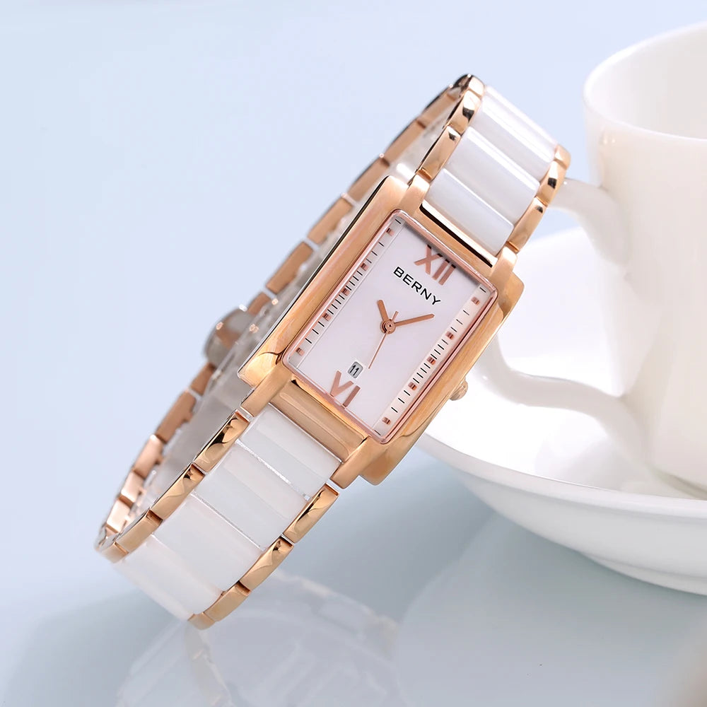 BERNY Women's Watches Calendar Date Elegant Classic Rectangle Ceramics Quartz Ladies Watch Luxury Fashion Women Wristwatch