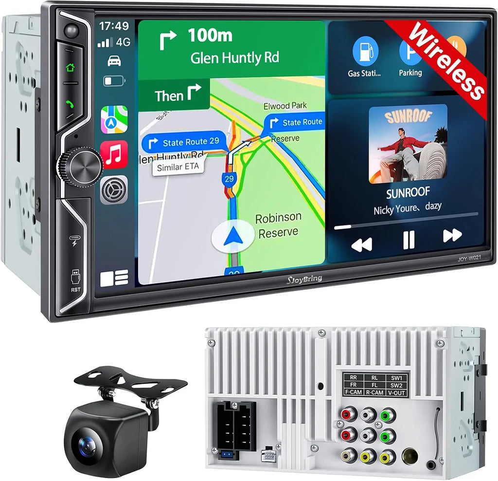 7" QLED Double Din Car Stereo with Wireless Apple CarPlay & Android Auto, Bluetooth 5.3, 240W Audio, MirrorLink, SWC, Backup Camera