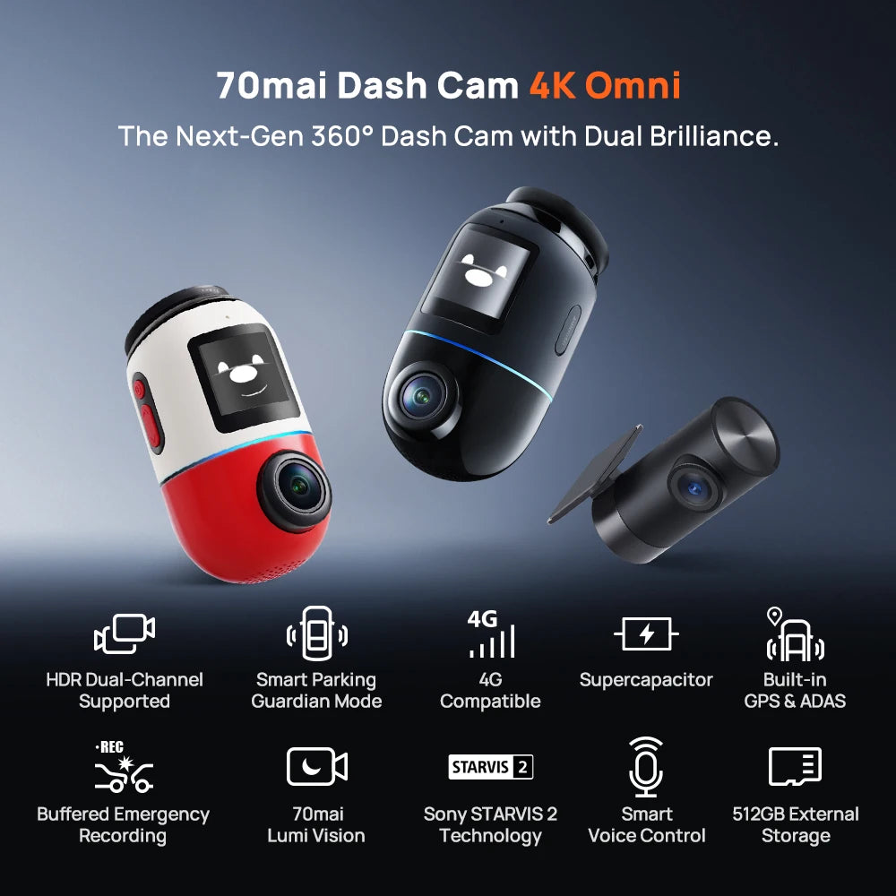 70mai 4K Omni X800 2160P HDR 60fps F1.7 Supported Dual-channel Built-in GPS ADAS Supercapacitor 4G LTE 24H Parking Surveillance