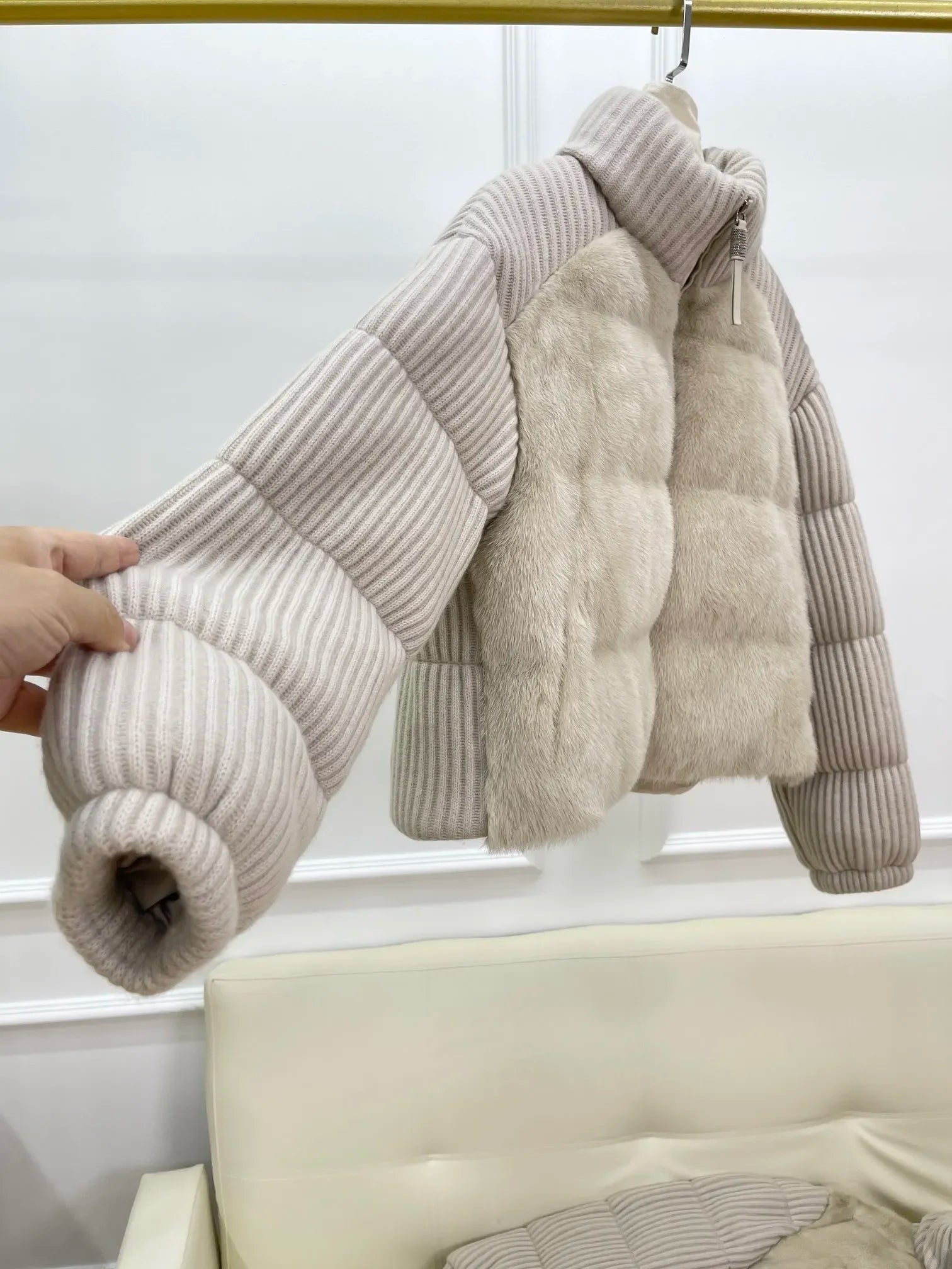 Retro high neck cashmere wool knitted splicing women's goose down down jacket classic casual commuting short jacket