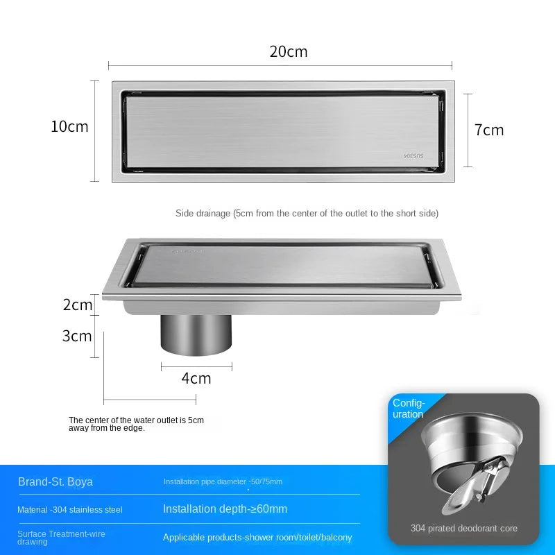 Caniveau de douche invisible en acier inoxydable 304 doré brossé noir pour lavabo de salle de bain, long drain linéaire de sol, évacuation latérale