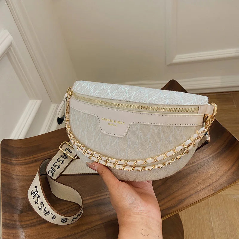Sac banane en tissu écossais imprimé pour femme, sac de taille à chaîne tendance, sac banane pour femme, sac à bandoulière à large sangle pour femme