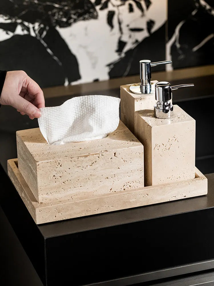 4Pcs Natural Travertine Bathroom Set Wabi Sabi Minimalist Soap Dispenser Tissue Box Luxury Hotel Show House Organizer Decor