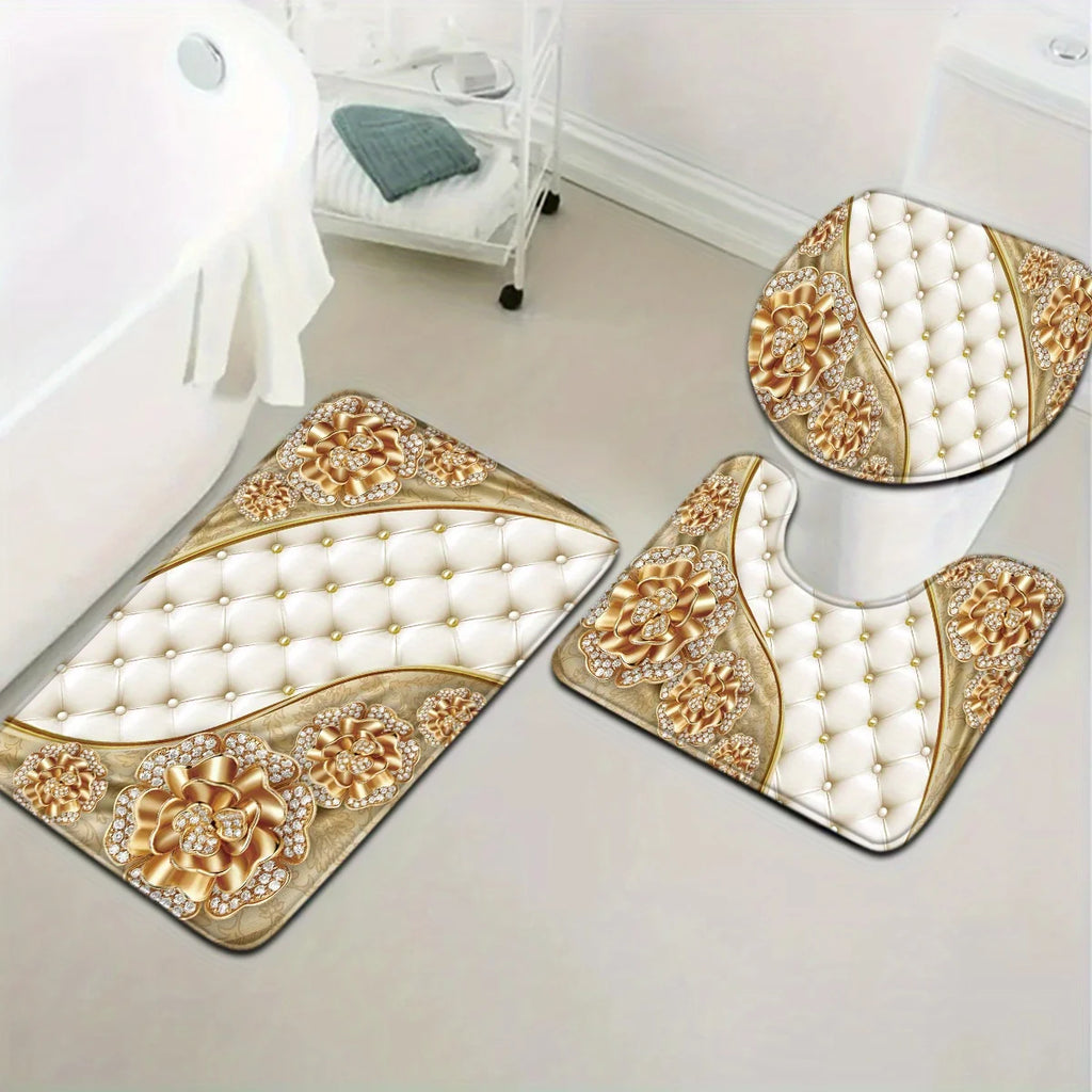 3pcs Nordic Style Gorgeous Series Gold Diamond Flower Pattern Bathroom Mat Set Toilet Seat Ring U-shaped Foot Mat