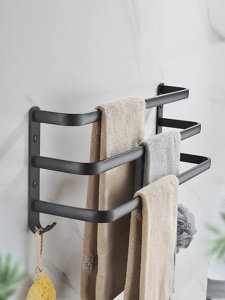 30-50CM Wall Mounted Towel Hanger Towel Rack Bathroom Accessories Aluminum Towel Bar Rail Matte Black Shower Towel Holder Hook