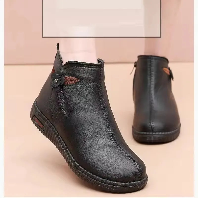 GKTINOO 2026 Winter Leather Women Ankle Boots Shoes Women Thick Plush Warm Casual Snow Boots Mother Waterproof Non-slip Booties