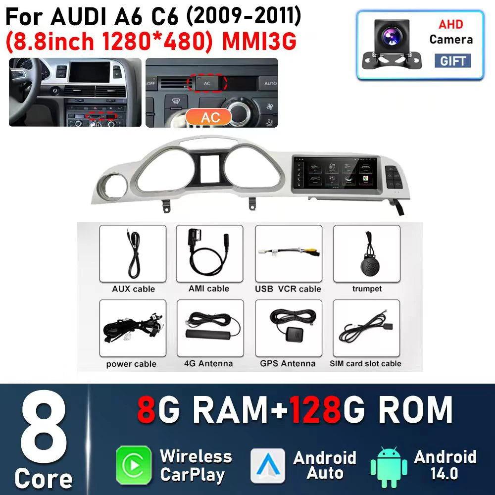 8.8inch Android 14 For Audi A6 C6 2005 - 2008 MMI 2G 2009 - 2011 MMI3G Car Radio Multimedia Player Navigation GPS Stereo CarPlay
