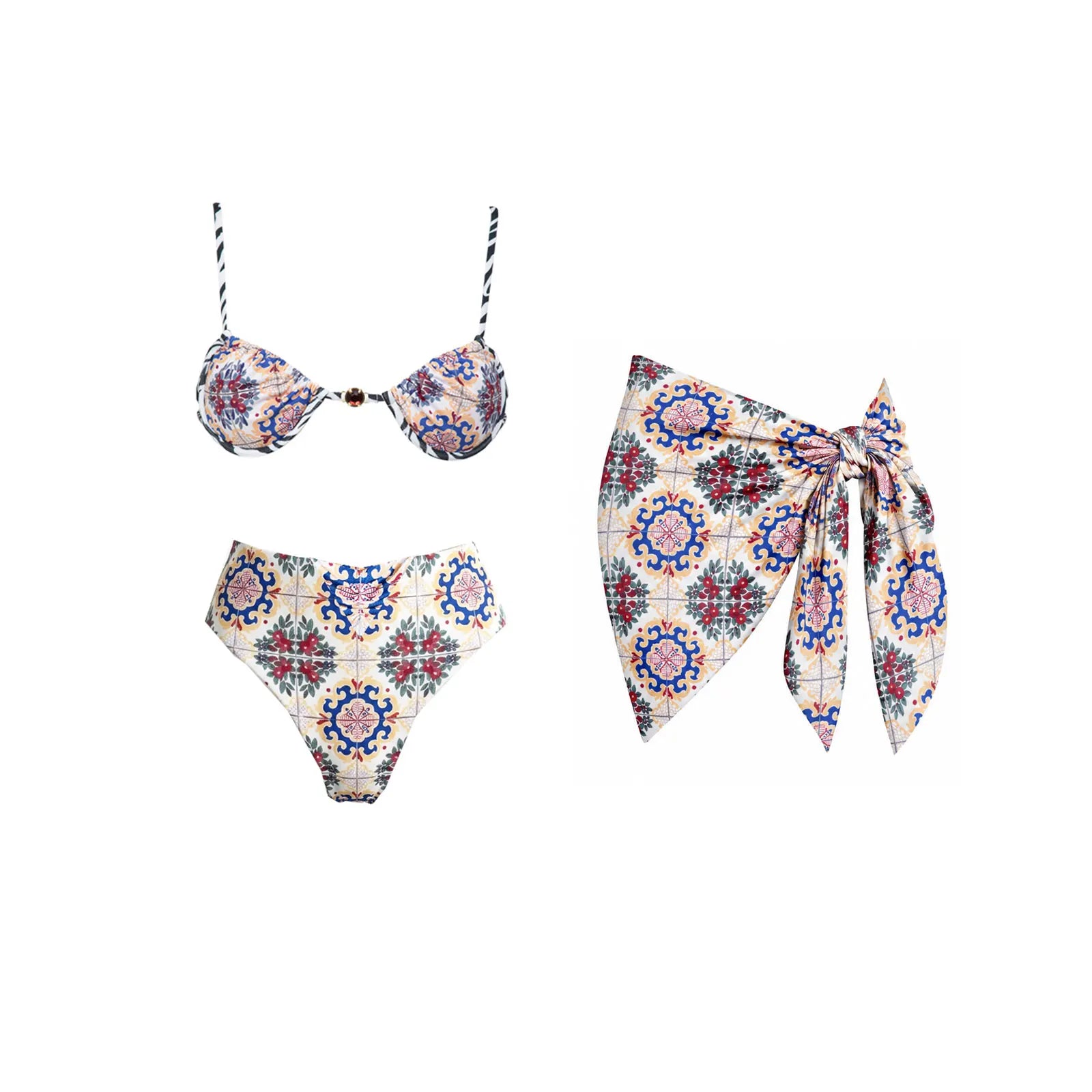 Maillot de bain 3 pièces push-up 2026 à imprimés rétro avec pantalon en maille, maillot de bain sexy pour femme, paréo de plage à bretelles