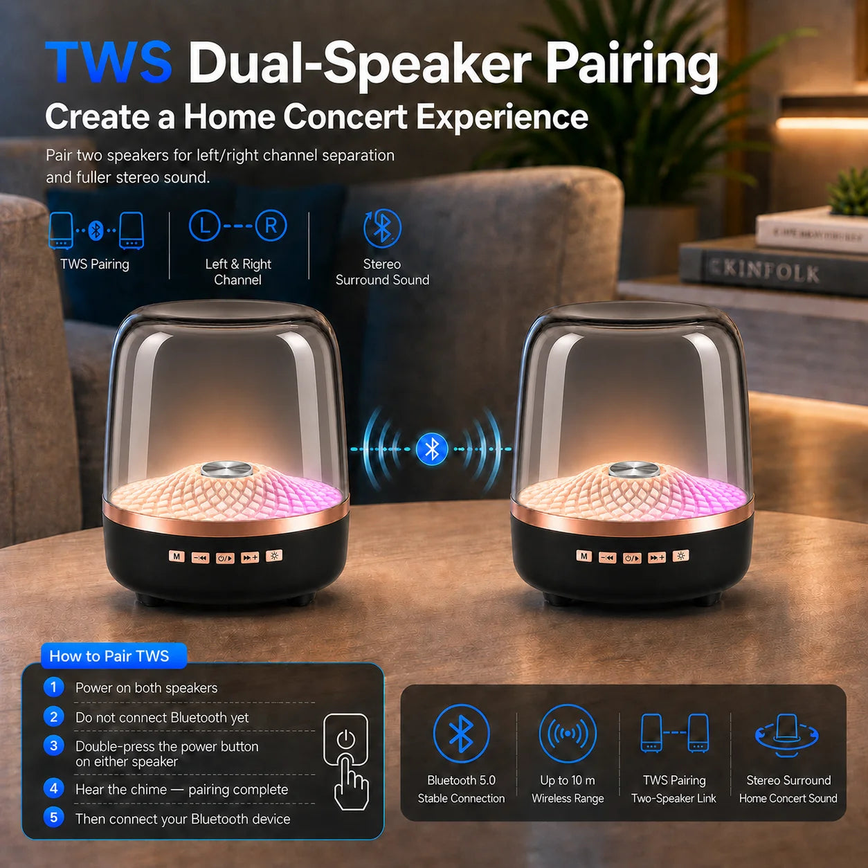 Barre de son sans fil portable 2026 Bluetooth 5.0, haut-parleur TWS home cinéma, caisson de basses acoustique Hi-Fi avec lampe respirante pour Android et iOS
